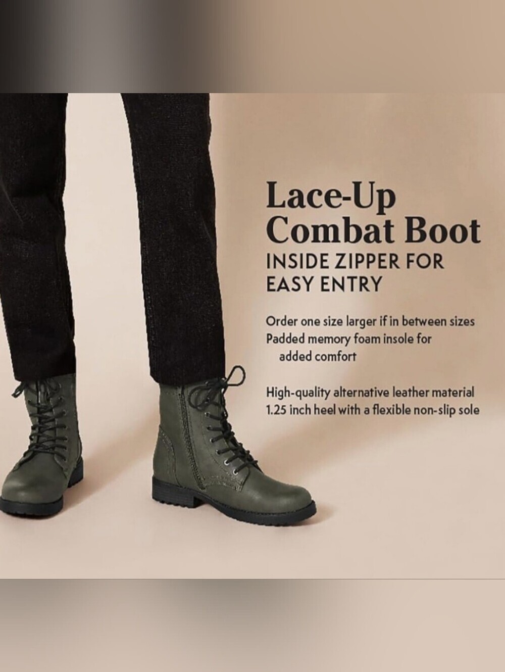 Amazon Essentials Olive Green Combat Boots Side Zip Size 8.5